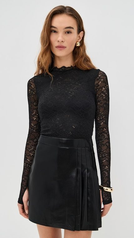 alice + oliviaChara Long Sleeve Lace Vegan Pleated Mini Dress