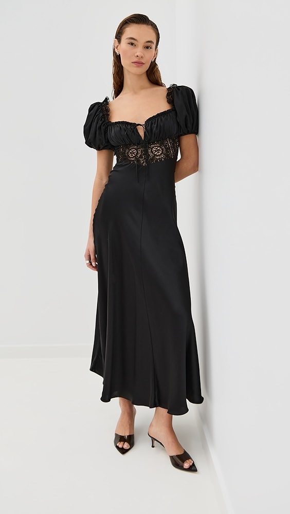 RodarteSatin Bias Dress with Gathered Bust and Black Lace Detail